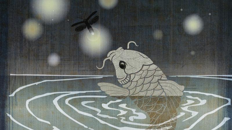 A silver koi fish coming out of water, under a night sky with orb-shaped stars