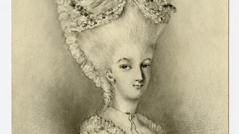 Head and shoulders sketch of Arnold, wearing a towering white, French-style wig and lacy dress