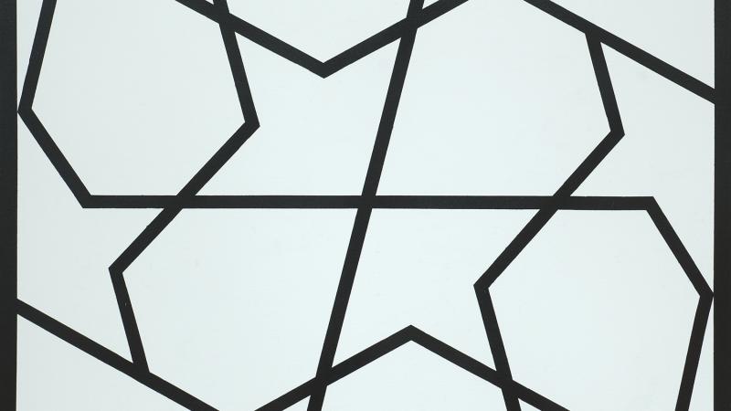 Abstract black lines crisscross a pale aqua background