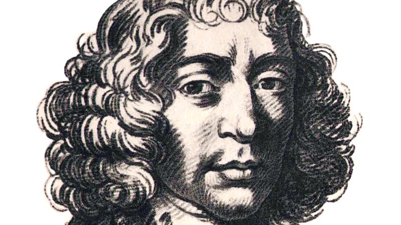 Illustration of Spinoza in a white cravat, with shoulder length curly hair