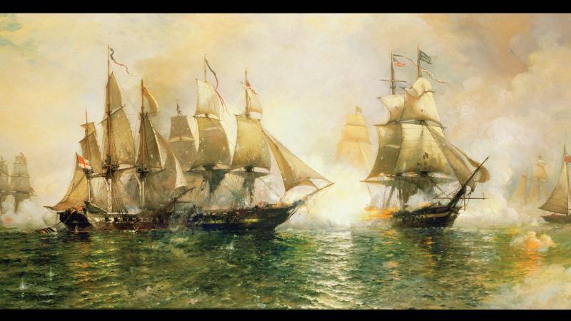 Two ships upon choppy blue water, firing cannons at each other