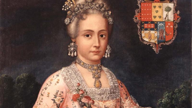 The Countess, wearing a pink dress with elaborate embroidery