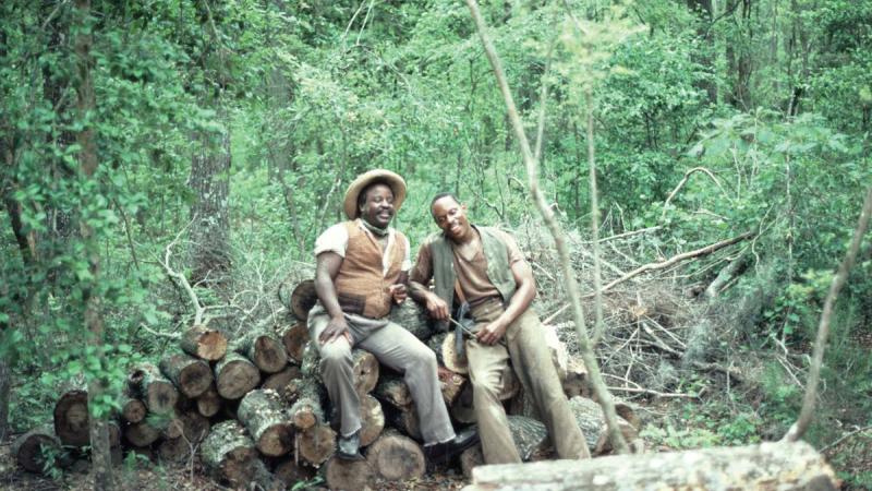 Northup and a friend rest from their labors, sitting on the pine logs they must transport, in the woods