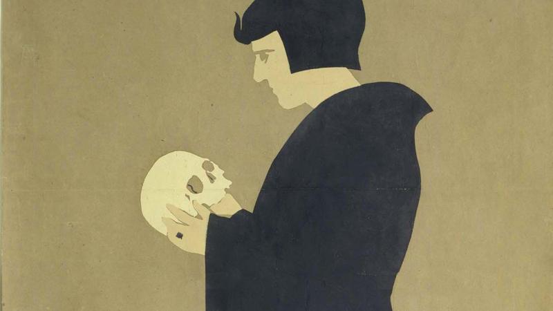 Side view illustration of a black-robed hamlet, holding a skull
