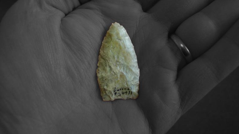 Triangular, ivory colored tool, held in an open palm of someone wearing a wedding ring