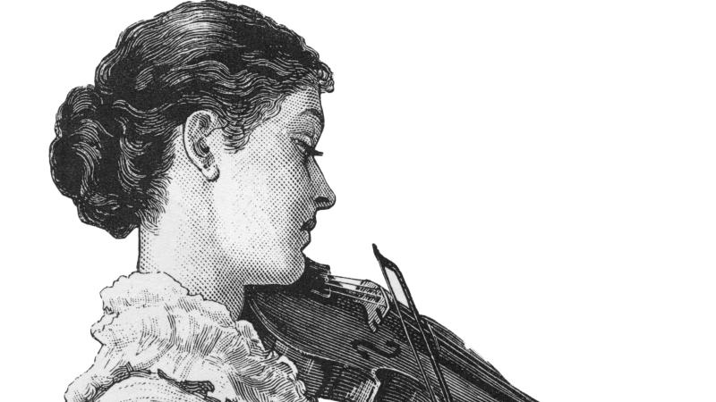 Drawing of a woman, hair in a low bun, playing the violin