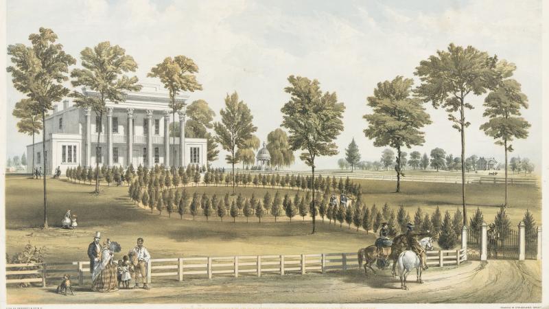 A white house with columned portico sits at the top of a circular, tree-lined walkway, surrounded by lush green grass, on which masters and slaves interact peacefully