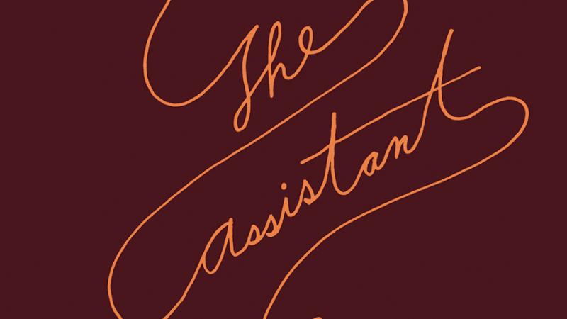 Burgundy book over of "The Assistant," with an orange rose connected in a single line to the title