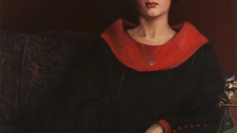 Stately painting of a woman dressed in elegant attire.