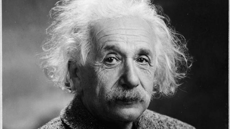 A black and white close-up of Albert Einstein.