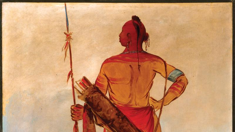 Osage male warrior, with his back to the viewer, holding a spear, wearing traditional native american clothing