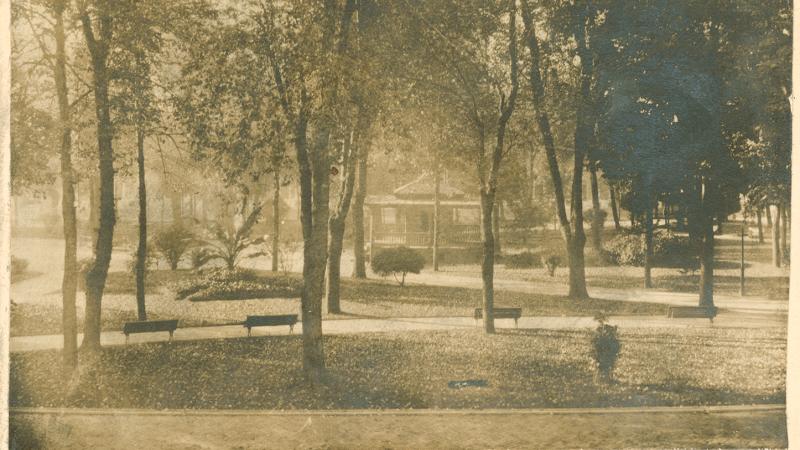Sepia-colored photograph of a wooded lot where the Mencken family home was located.