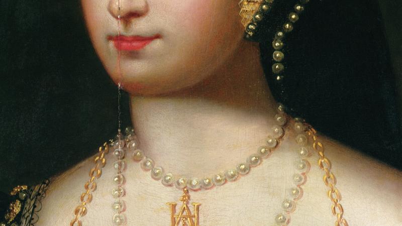 Color painting of a woman wearing pearl necklaces.