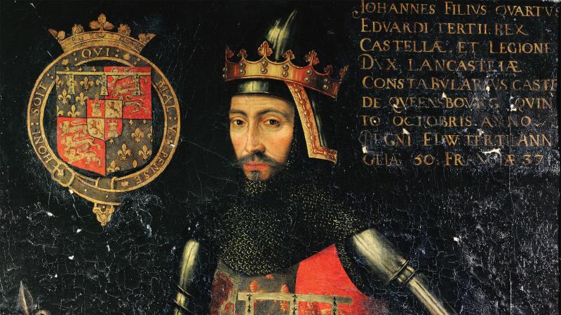 Color painting of John of Gaunt before a black background and a coat of arms located in the upper left-hand corner.