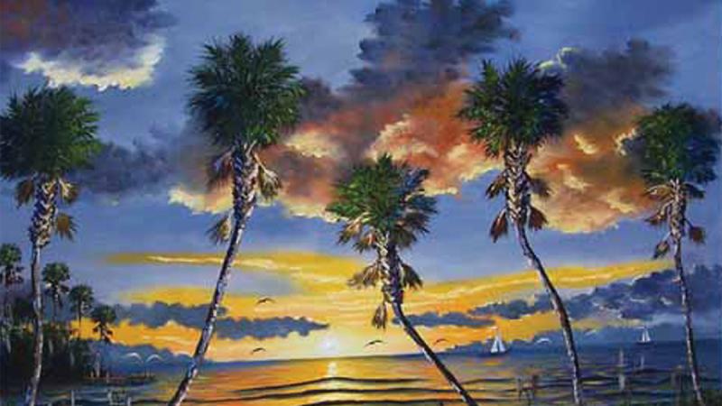 Palm trees against a darkening sky, sunset over a lagoon