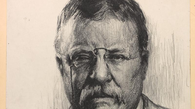 Teddy Roosevelt from the chest up, drawn using charcoal, wearing eyeglasses