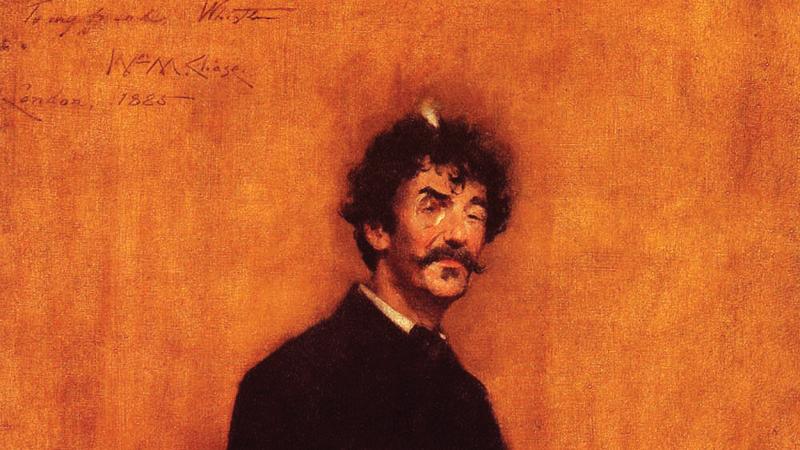 Whistler in a dark suit, holding a walking stick, done in oranges and dark tones