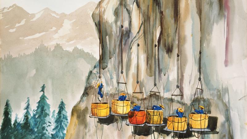 Color illustration of Chinese workers laying the Transcontinental Railroad along a mountain pass.