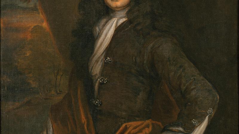 Painting of William Byrd II in a stately pose wearing a curly, black-haired British wig. 