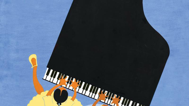 Color illustration in the jazz art style showing two girls playing the piano from an overhead view.
