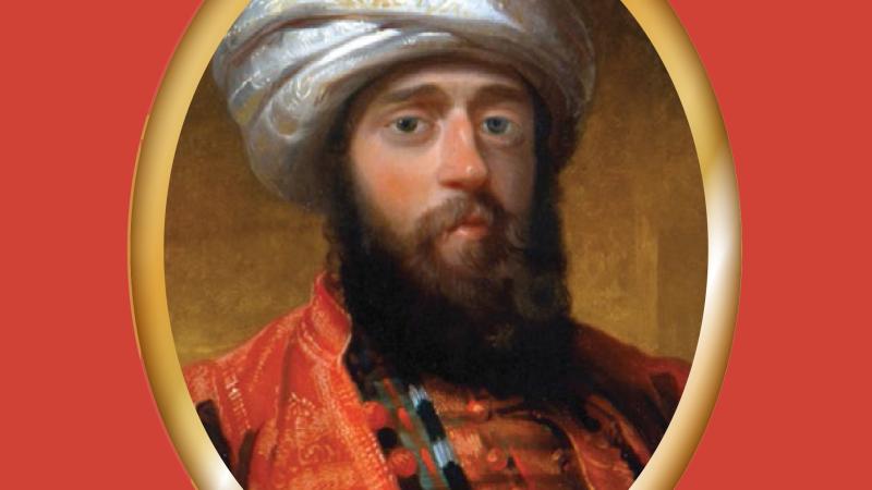 Painting of a man in a red oriental garment, wearing a turban.