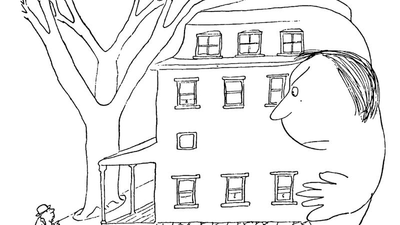A comical illustration, in black and white, depicting a small man standing outside a house that has anthropomorphized and is trying to walk away from him.
