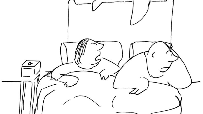 Black and white illustration of a man and woman in bed with a seal leaning over the headboard. 