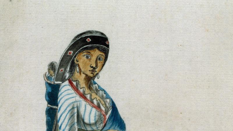 Watercolor painting of a Mohawk woman, wearing traditional Mohawk clothing, carrying a baby on her back