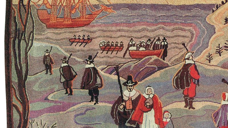 A color tapestry depicting the landing of the Pilgrims in 1620.