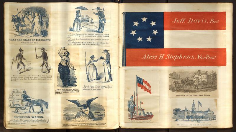 two pages of scrapbooks, one showing the confederate flag and images of the south, and the other headed with "Union" and images of the flag and eagles