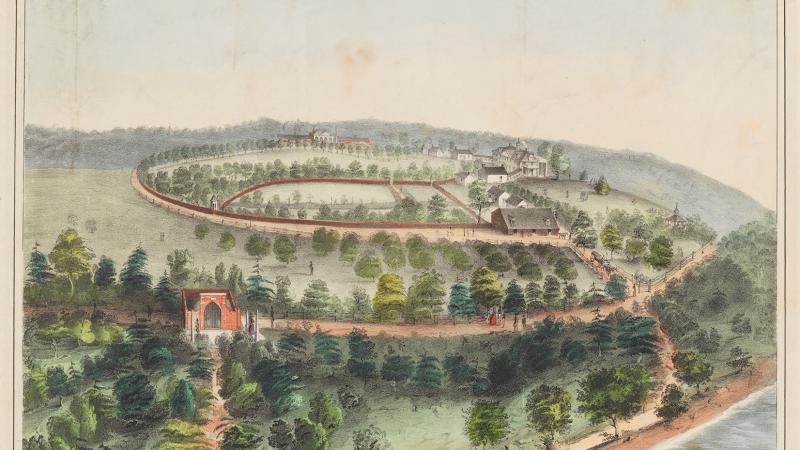 Color illustration of Mount Vernon as seen from a bird's-eye view.