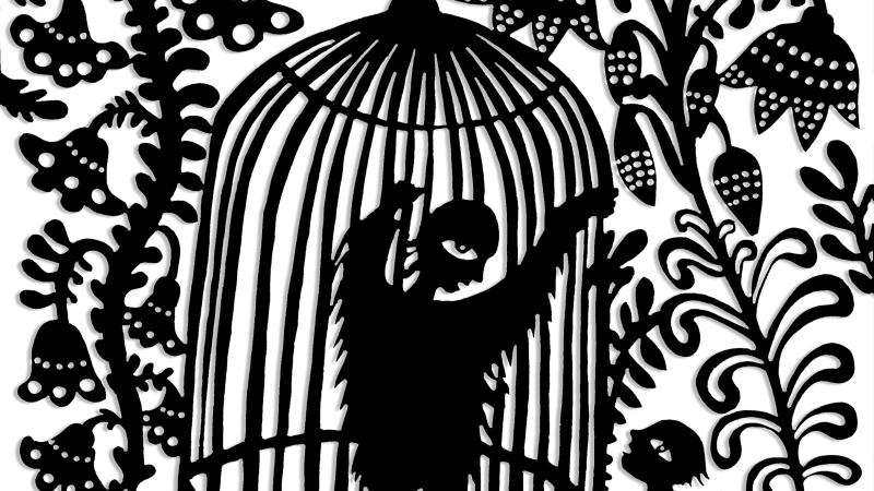 A black and white illustration of a man in a cage gesturing to someone outside.