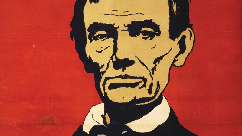 Illustration of Abraham Lincoln on a red background.
