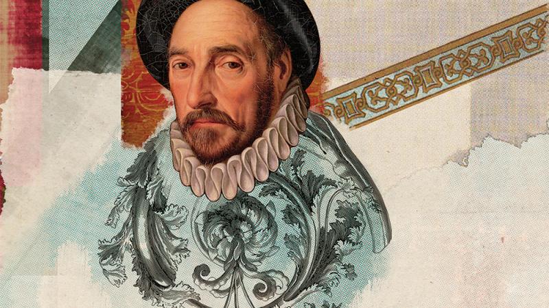 Colorful portrait of Michel de Montaigne wearing a hat.