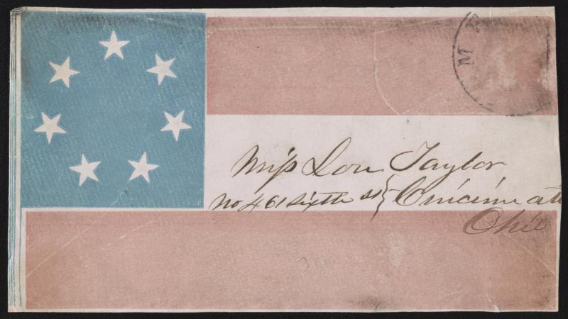 Image of an envelope from the Civil War designed around the Confederate flag. 