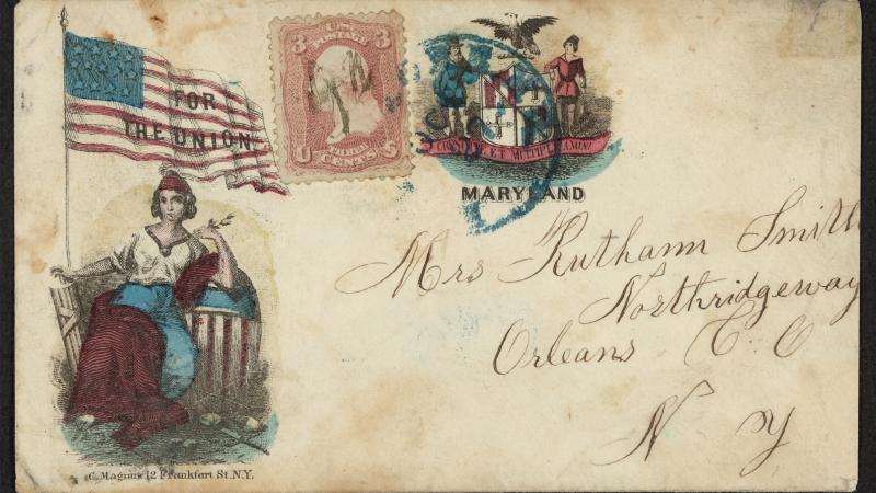 Image of a Union envelope from the Civil War that depicts lady Columbia wielding the Union flag.
