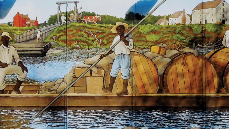 A color mural depicting two black men on a small river barge, with children waving to them in the foreground.