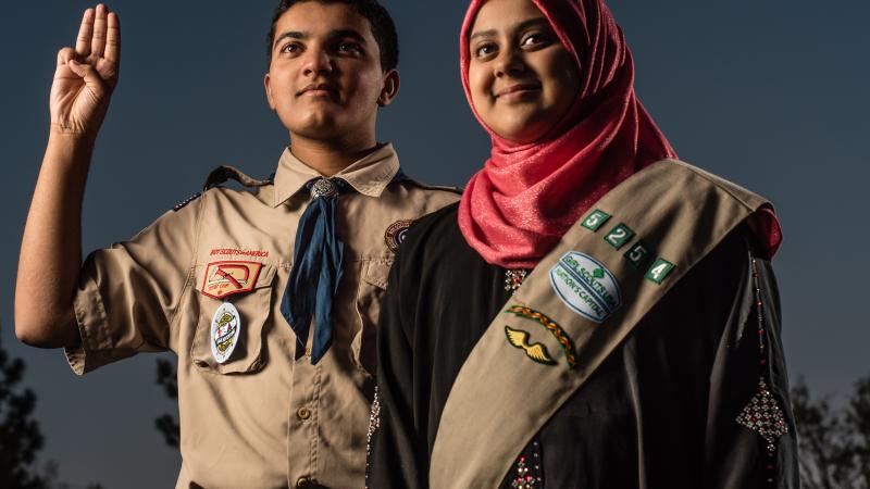 Photograph of girl and boy in scout uniform