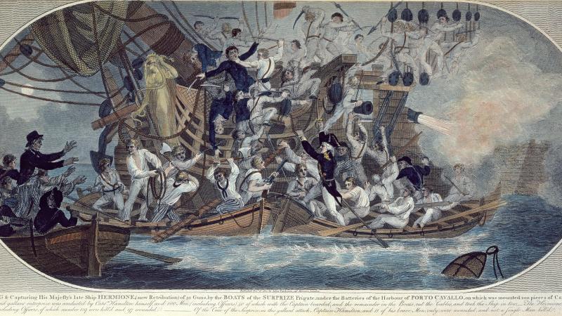Painting of mariners rebelling against their captain and fighting among themselves aboard their ship. 