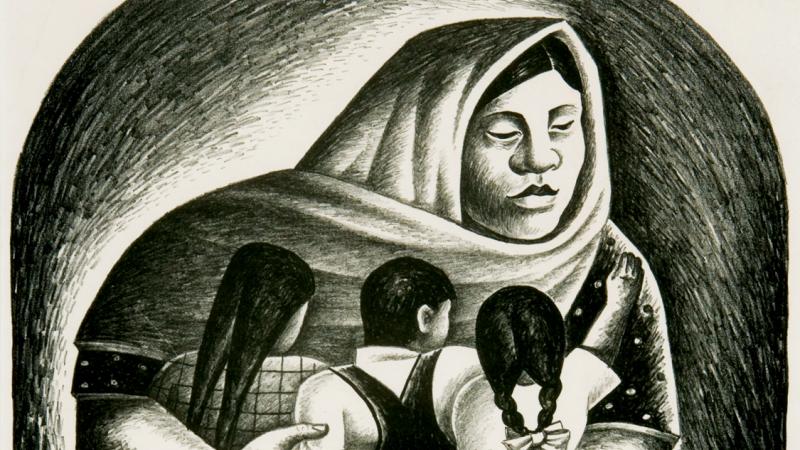 Black and white painting of a Mexican mother embracing her children.
