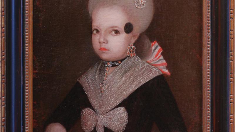 Painting of a young girl with bushy hair in an elegant dress with bow tie. 