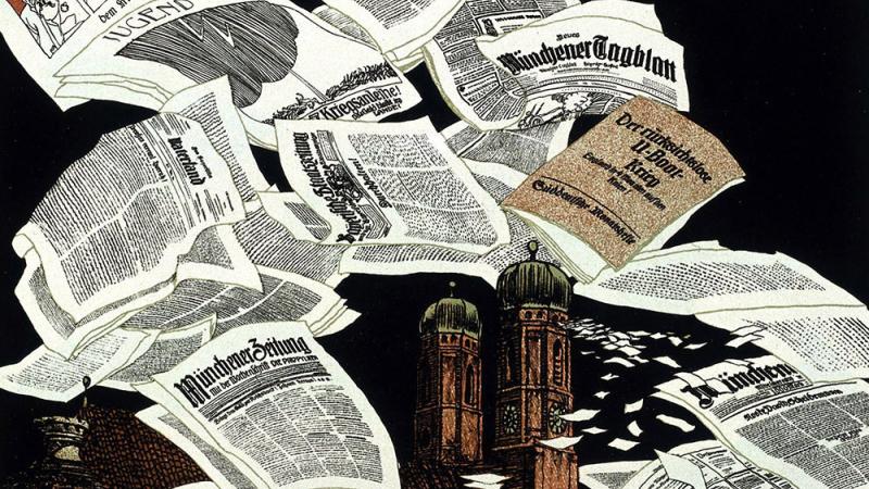 drawing of sheets of newspaper strewn about, all in german