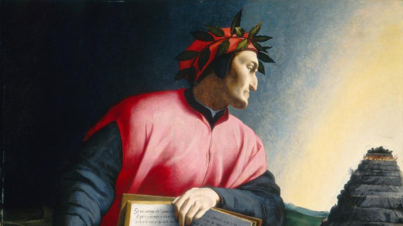 painting of a man in a pink robe, holding book