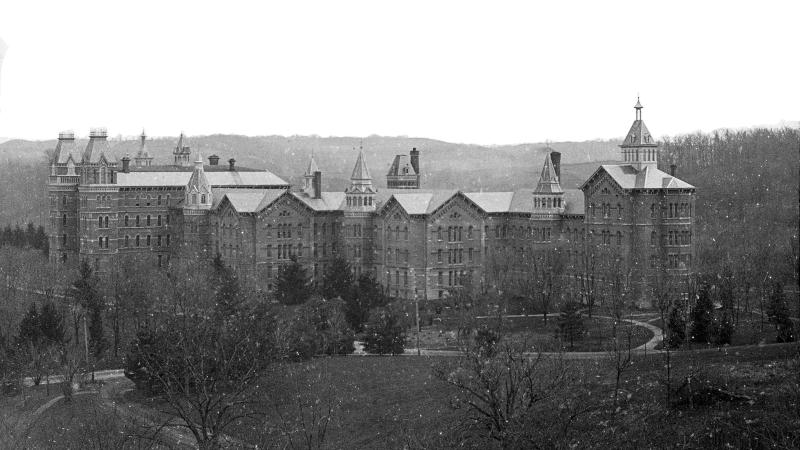 black and white slide image of a large building