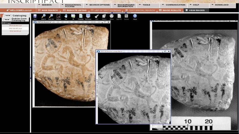 InscriptiFact display of three BetterLight images of PFAT 0303 (seal impression with Aramaic script) reverse, with polarized light only (left), orange filter (center), infrared filter (right).