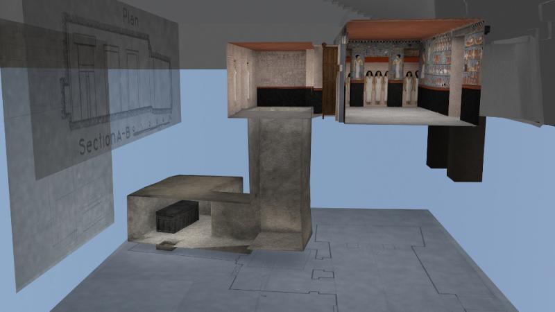 Giza Project 3D computer model of the decorated chapel and burial chamber of Queen Meresankh III, G 7530-sub,discovered in 1927, with original expedition plans and sections superimposed around the model.