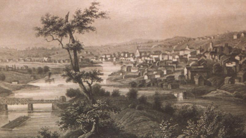 engraving of hills with houses on them