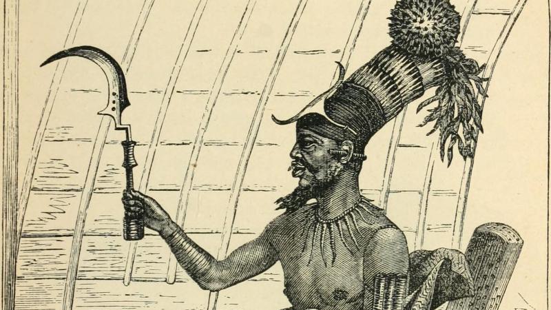 Illustration of African man holding up a tool 