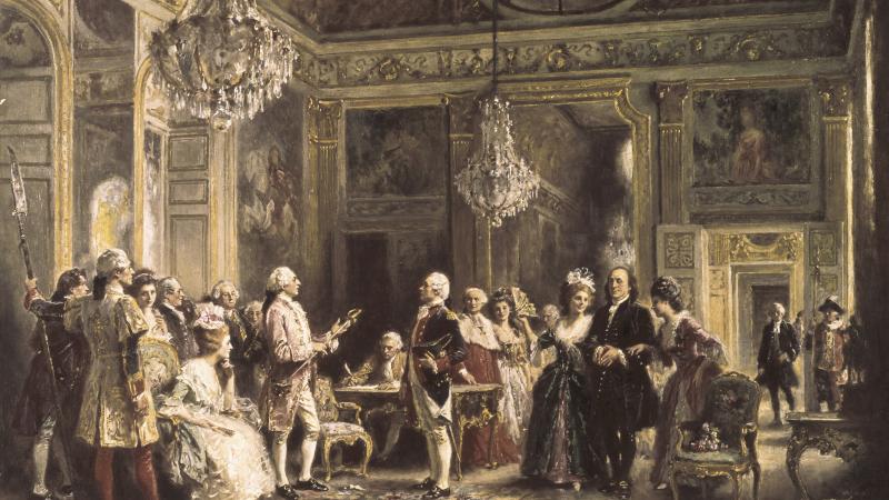 Oil painting of a large, grand room filled with people