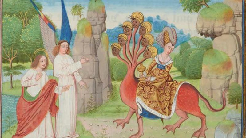 The whore of babylon rides a seven-headed monster, confronted by a white robed angel and st john